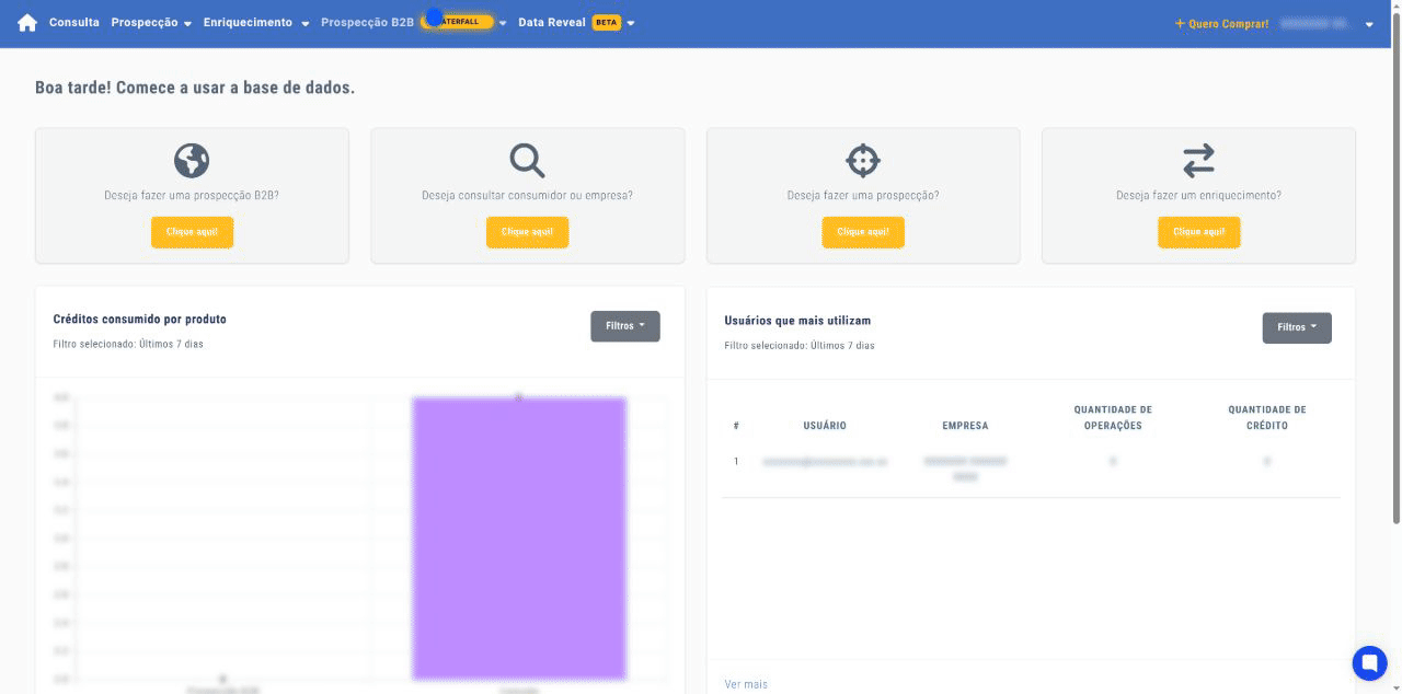 Plataforma Data Stone - Dashboard de prospecção B2B com filtros de segmentação e dados de decisores brasileiros
