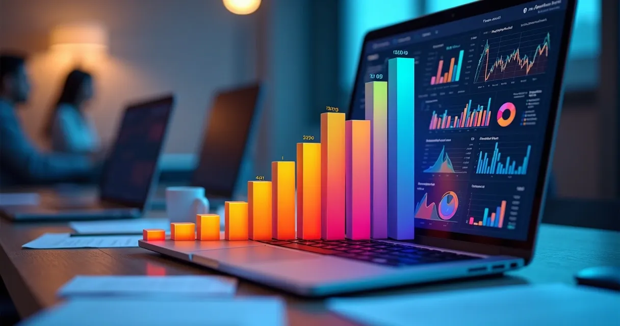 Gráfico colorido mostrando crescimento do mercado de APIs por ano, mesas de escritório ao fundo 