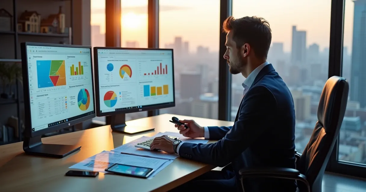 Corretor de imóveis analisando gráficos de dados de leads 