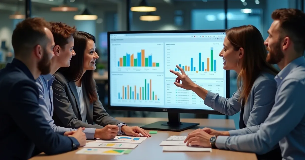 Equipe analisando dados no CRM integrado e dashboard na tela 