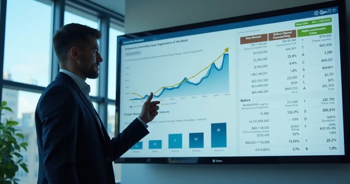Executivo apontando dados de sucesso em vendas B2B 