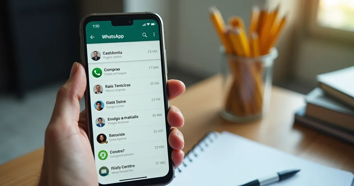 Tela de celular exibindo lista segmentada de contatos empresariais no WhatsApp 