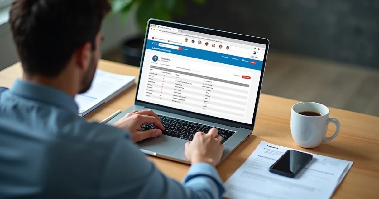 Tela de consulta de CPF em um notebook com documentos ao lado. 