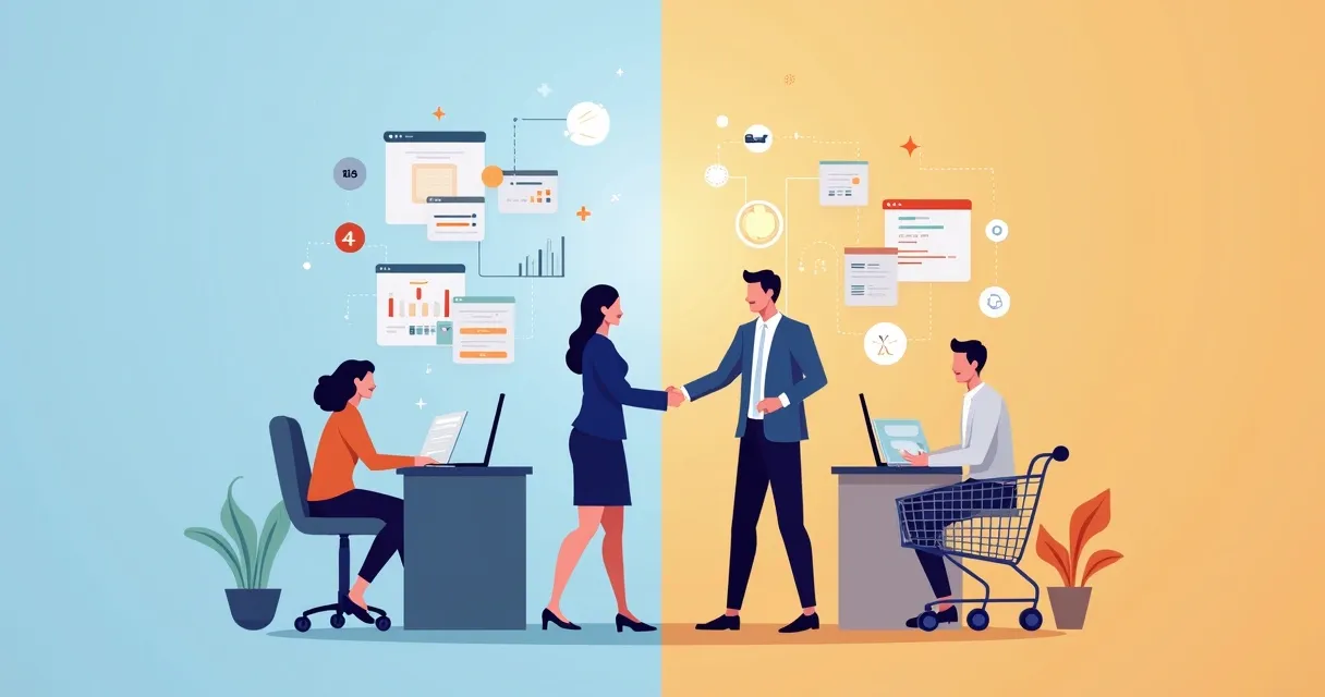Quadro comparativo entre vendas B2B e B2C, apresentado de forma lúdica 