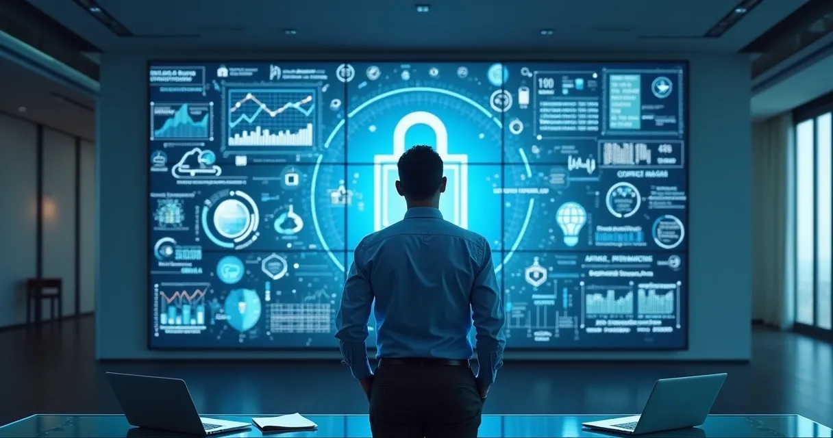 Profissional observa gráficos e dados digitais em grande tela 