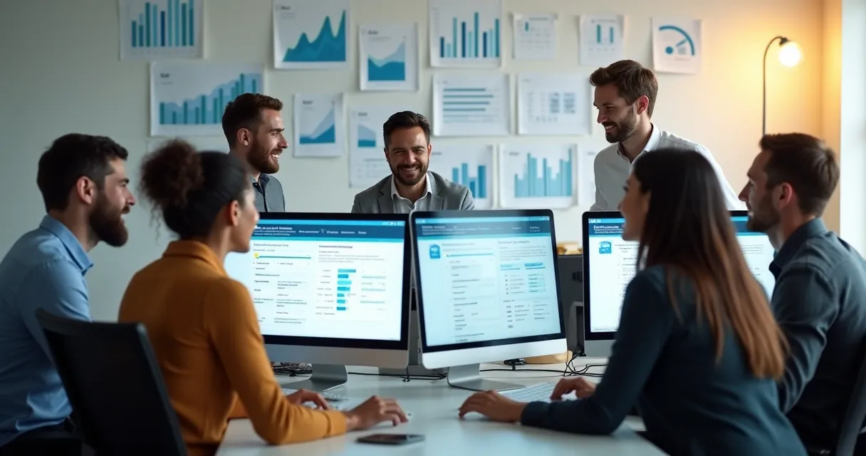 Equipe analisando dados de leads em computadores 