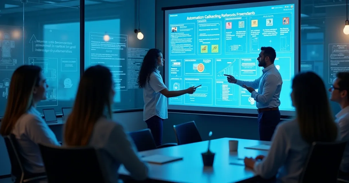 Equipe de call center em treinamento prático com quadro digital 