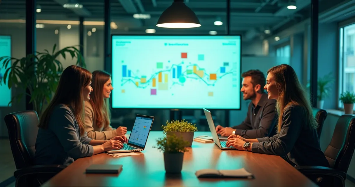 Equipes de marketing e vendas reunidas analisando dados 