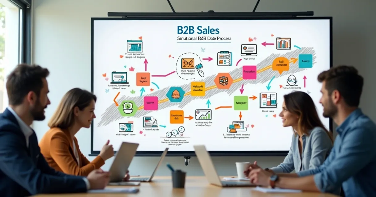 Quadro mostrando passo a passo das etapas de vendas B2B com ícones e setas 