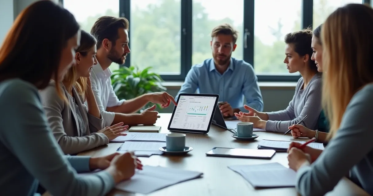 Profissionais simulando prospecção de vendas com dados digitais