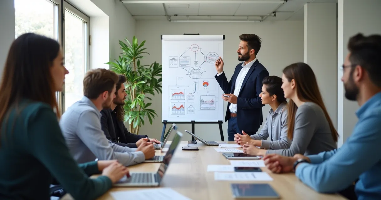 Equipe de vendas analisando perfis de lead em uma sala de reunião 