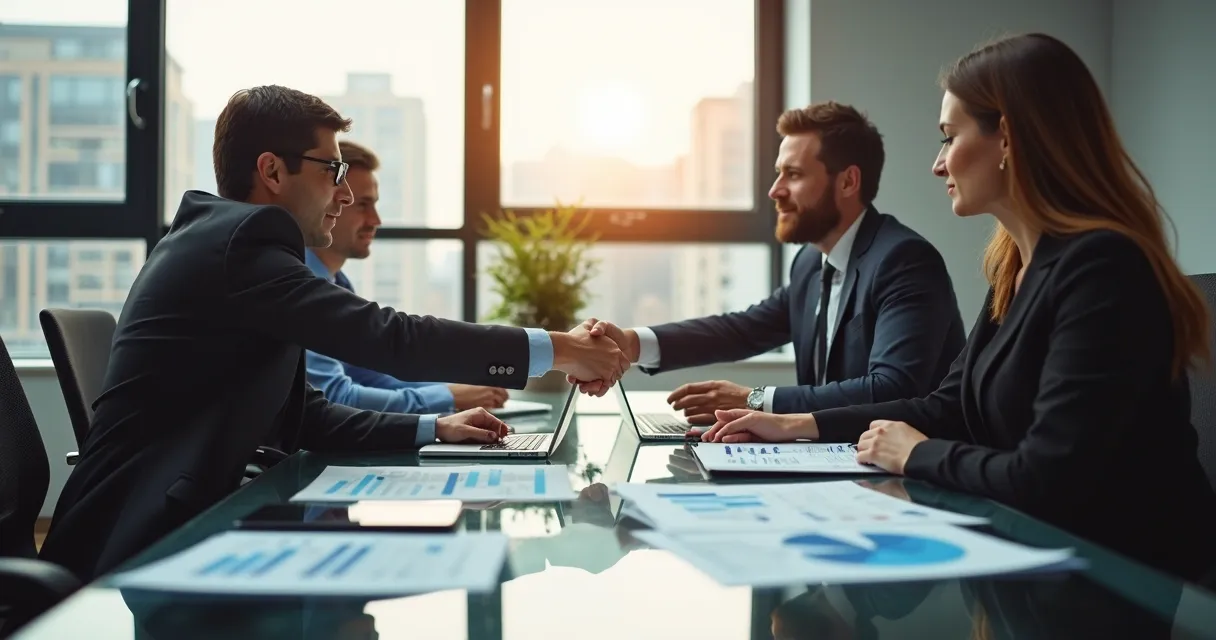 Equipe de vendas em reunião com cliente, trocando contratos e analisando gráficos 