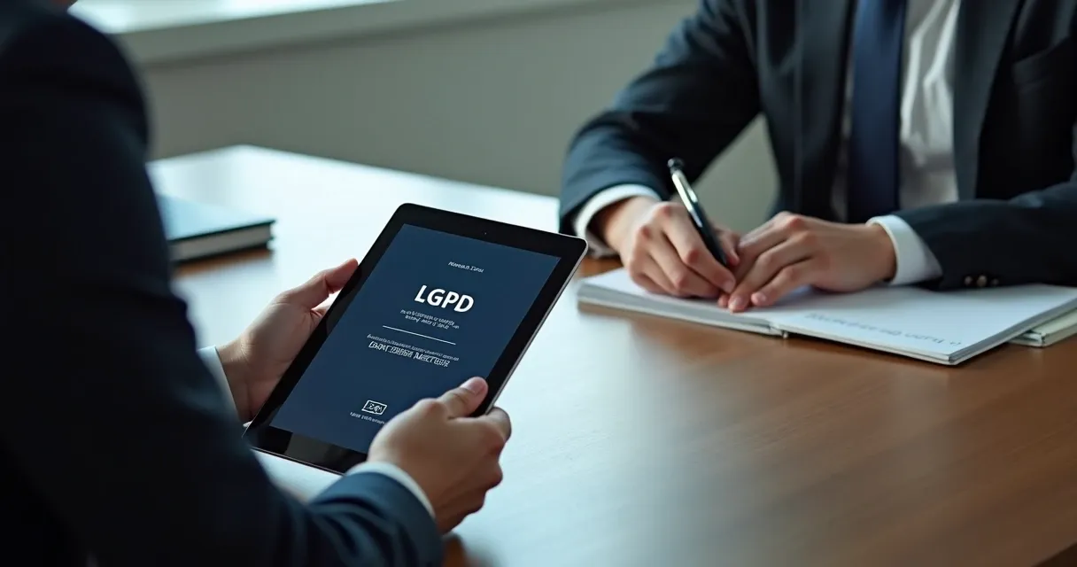 Advogado mostrando código da LGPD em tablet 