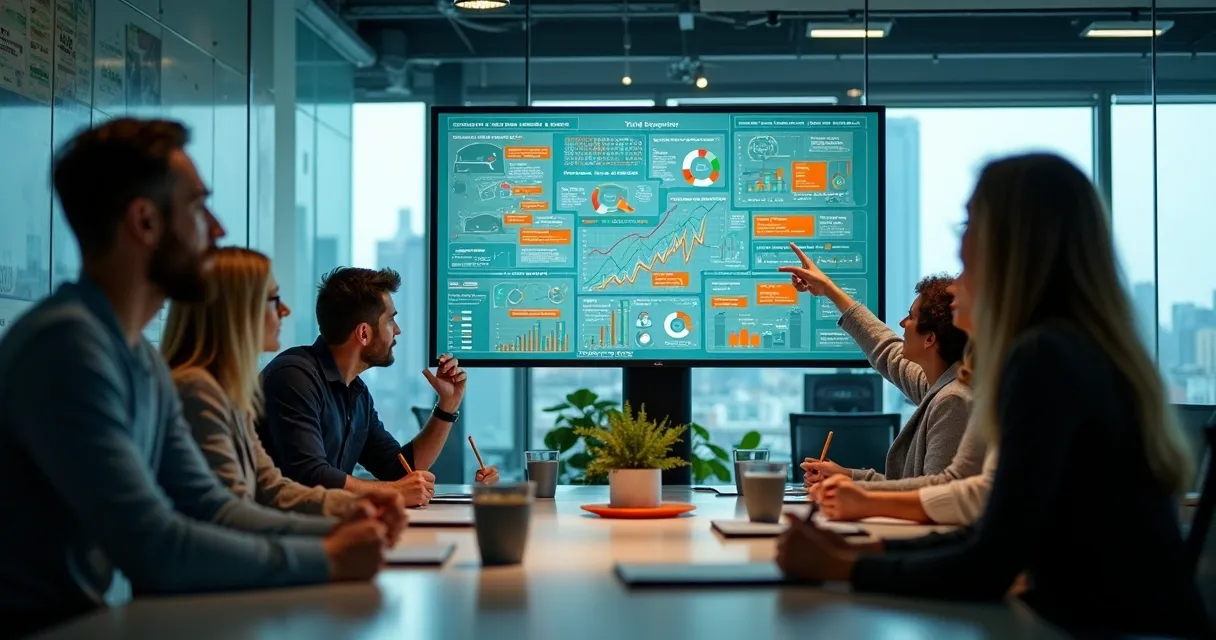 Equipe de vendas analisando gráficos em tela grande 