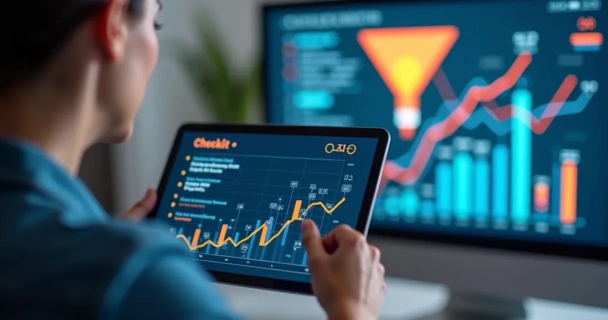 Checklist visual de ações práticas para ABM ao lado de um pipeline de vendas digital 