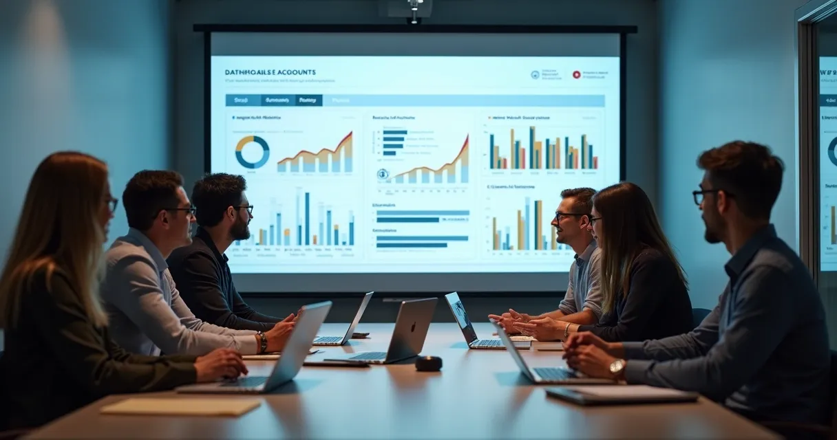 Equipe de marketing e vendas reunida analisando dashboards de contas compartilhados 