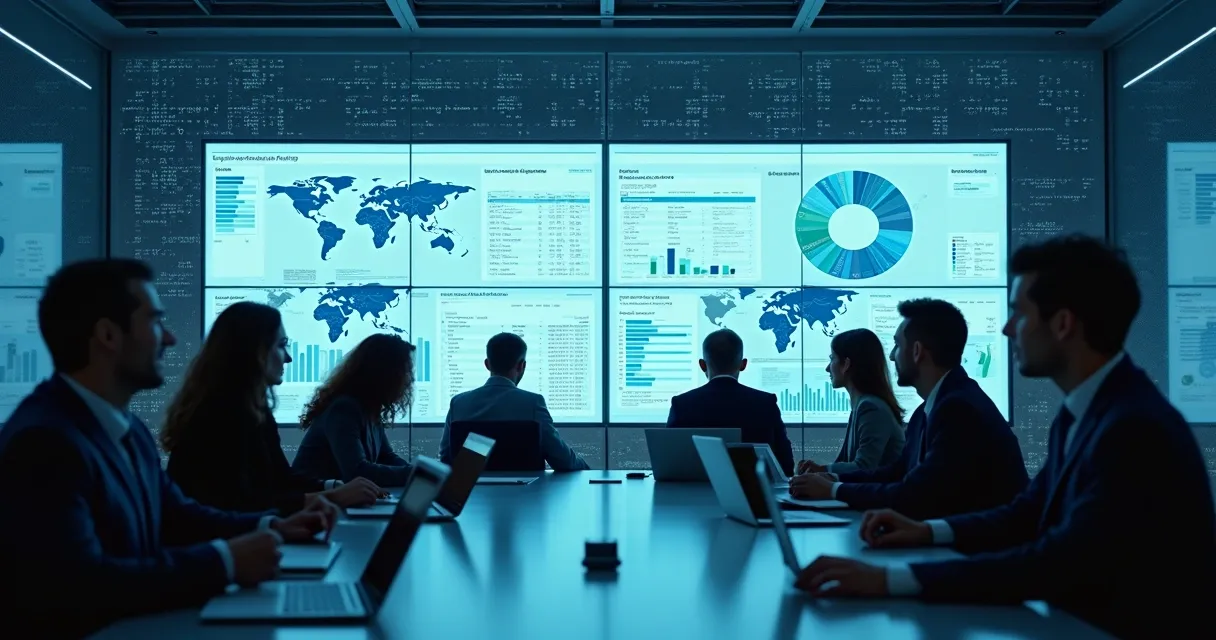 Executivos de vendas analisando dashboards digitais em sala de reunião 