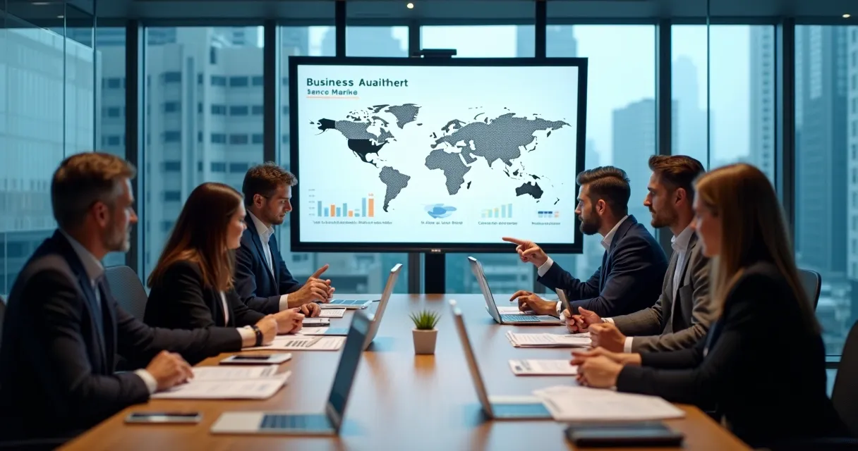 Equipe avaliando dados de mercado para estratégia B2B 