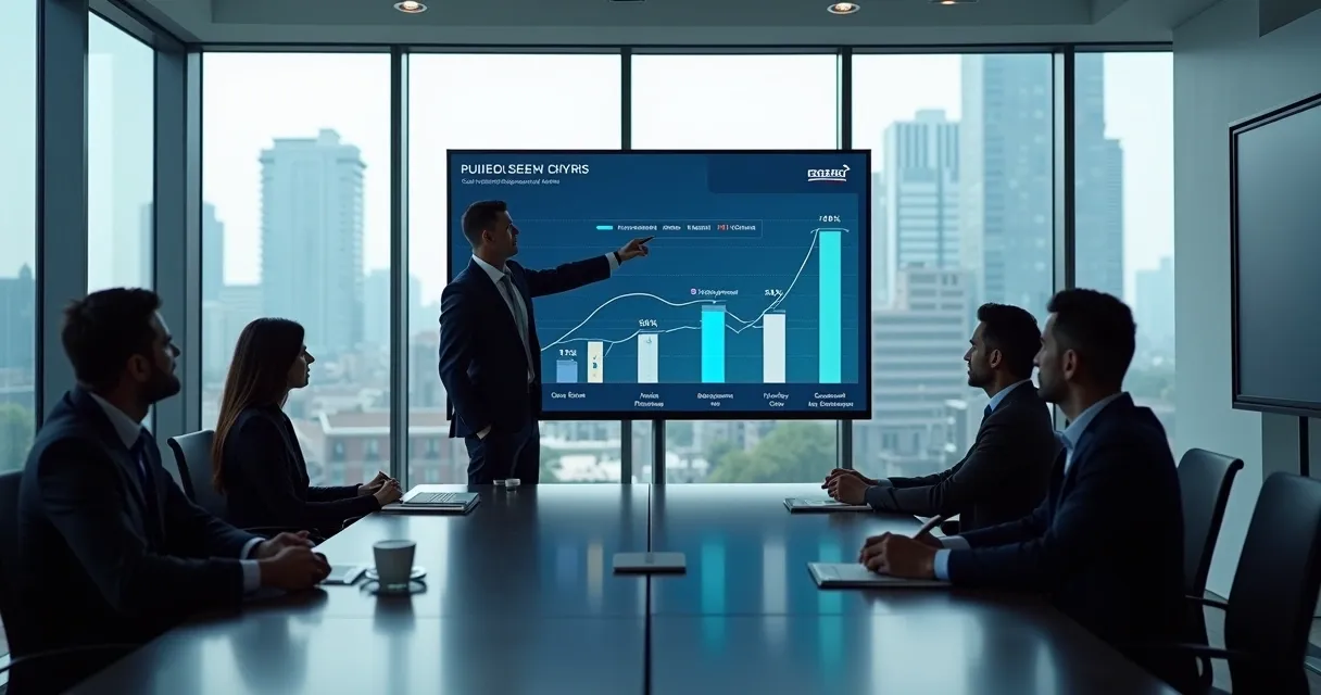 Equipe de vendas realizando apresentação corporativa para decisores 
