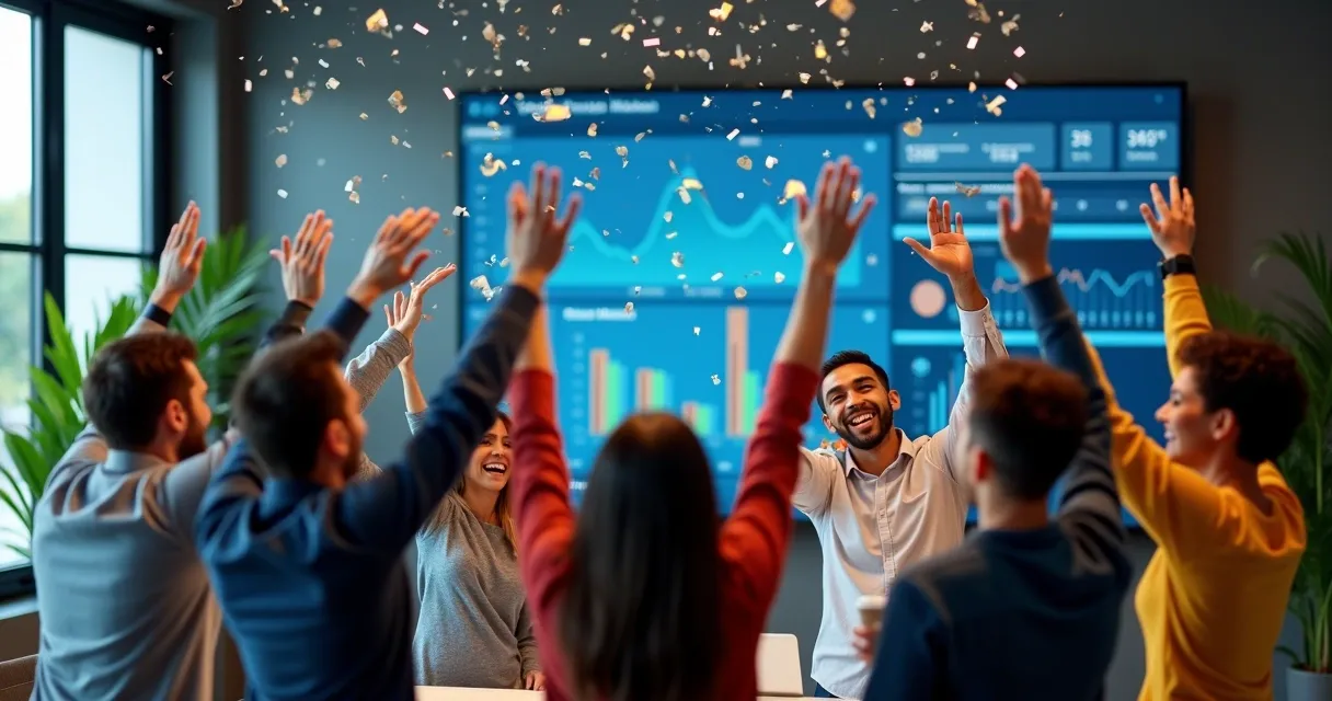 Equipe celebrando ao redor de tela exibindo métricas de vendas e integração de dados 
