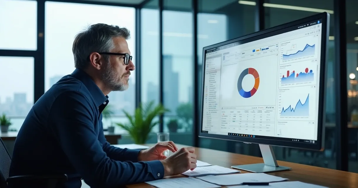 Profissional analisando comparativos de software em monitor de tela ampla 