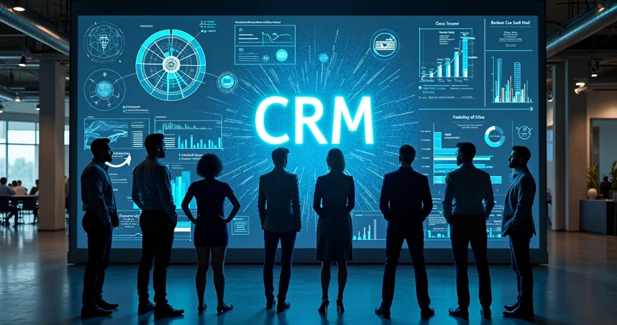 Equipe reunida à frente de uma tela grande de CRM industrial