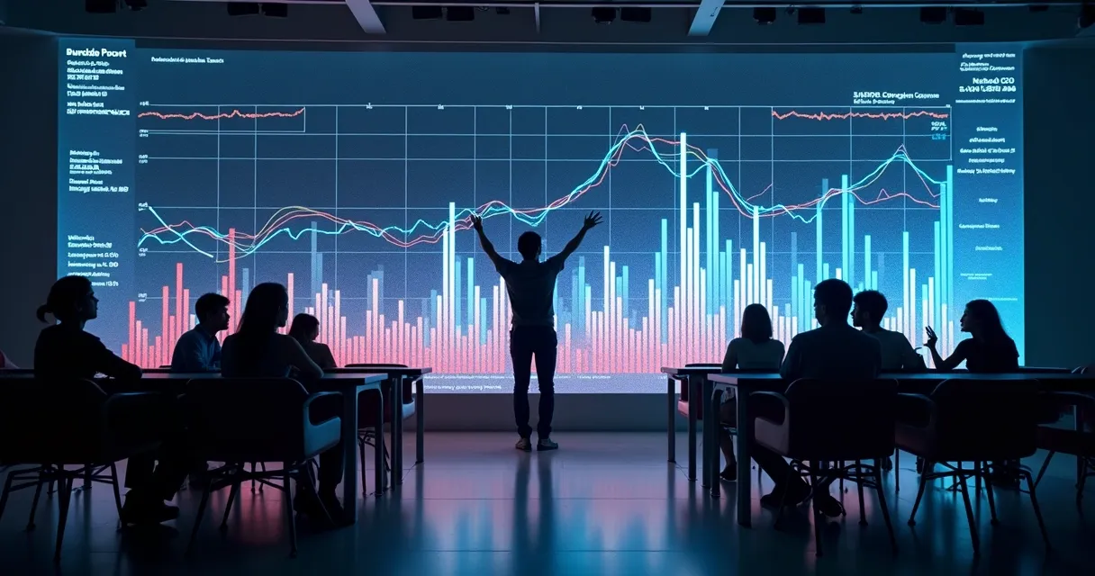 Gráfico digital colorido mostrando evolução de indicadores de cultura de performance em tela grande 