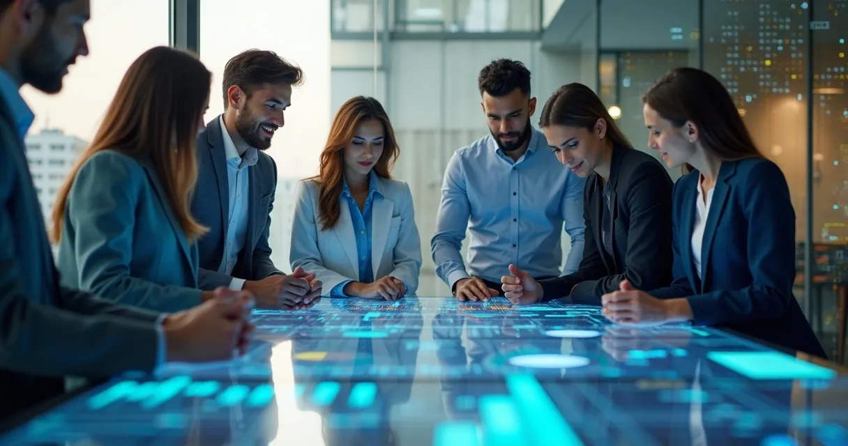 Profissionais analisando dados de empresas em telas digitais 