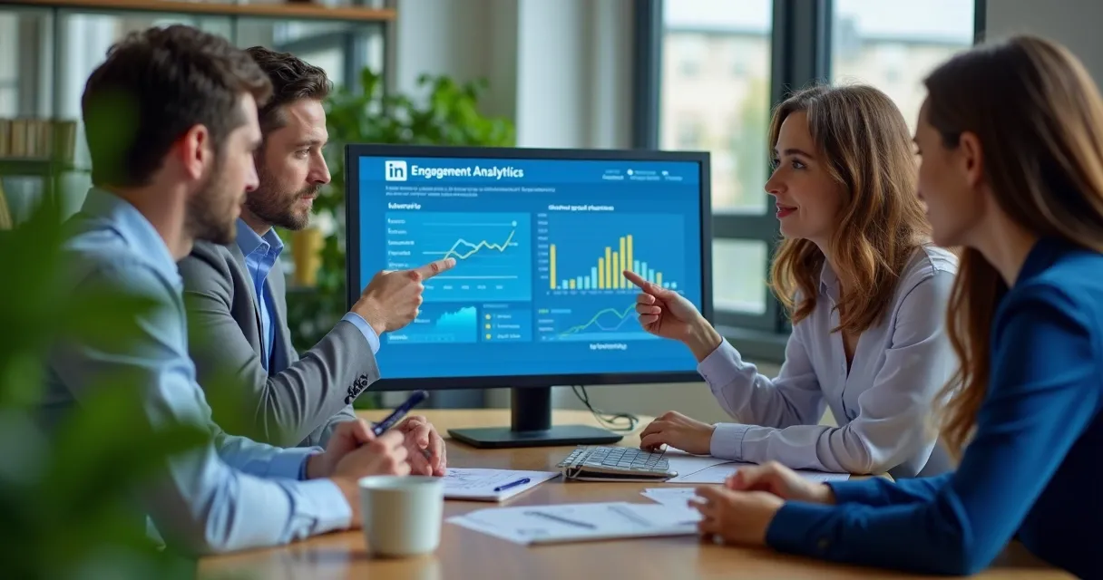 Profissionais analisando gráficos de engajamento LinkedIn 