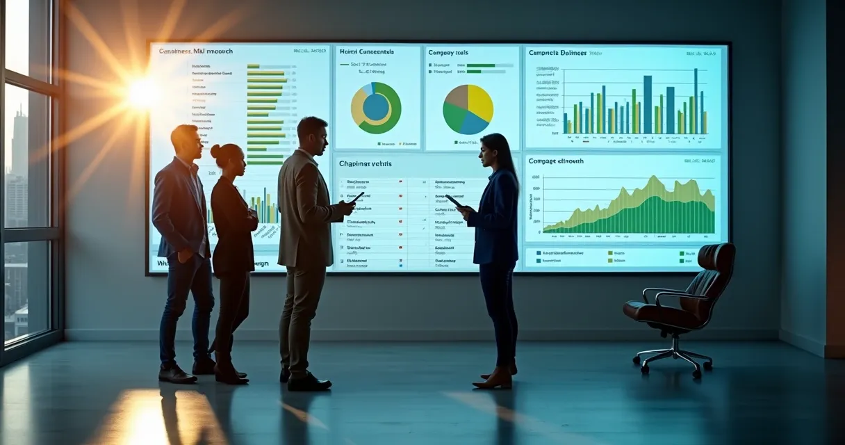 Equipe de vendas olhando gráficos com dados B2B enriquecidos em tela grande