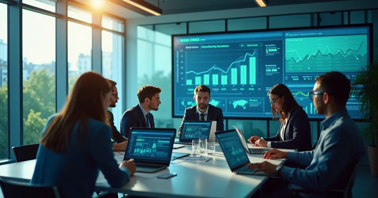 Equipe de vendas analisando gráficos e dados em computadores
