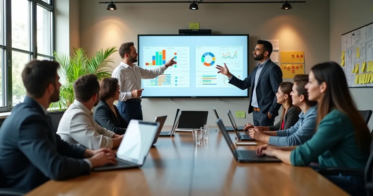 Equipe de vendas analisando gráficos de leads em mesa de reunião