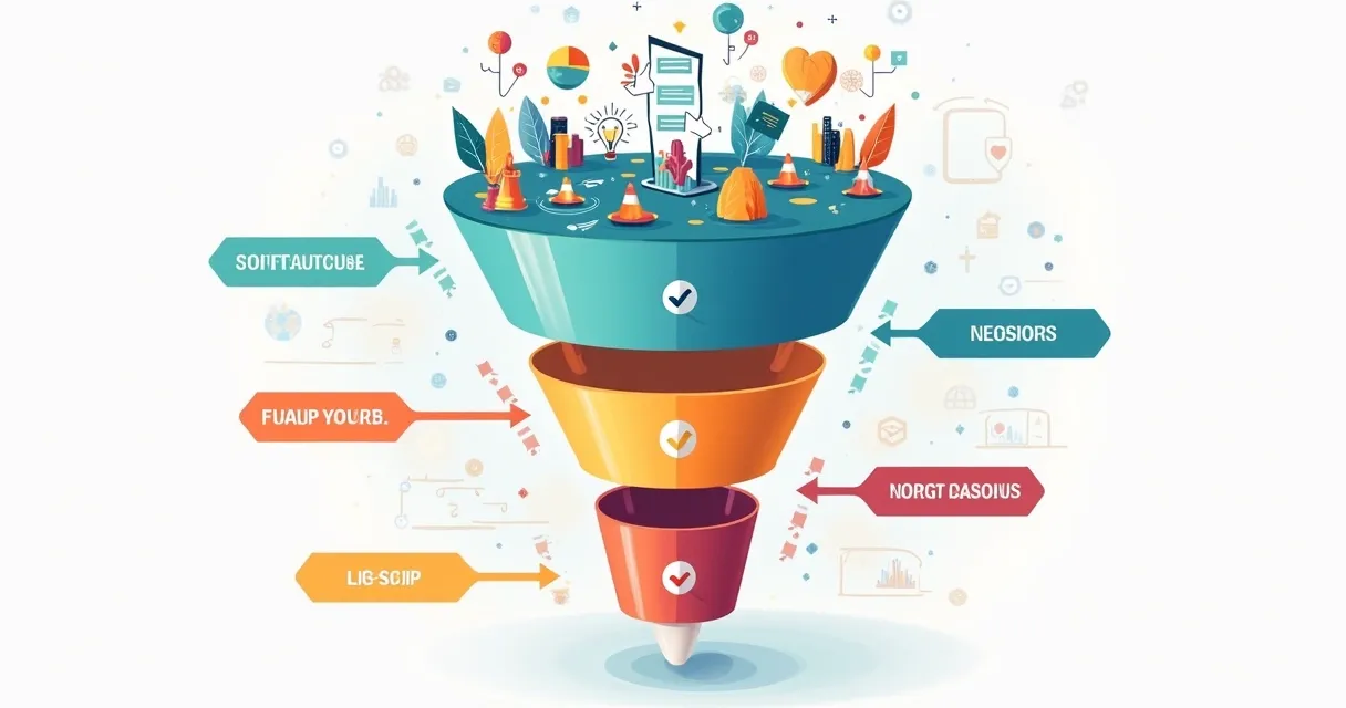 Diagrama colorido do funil de vendas dividido em etapas, com setas mostrando o avanço dos leads 
