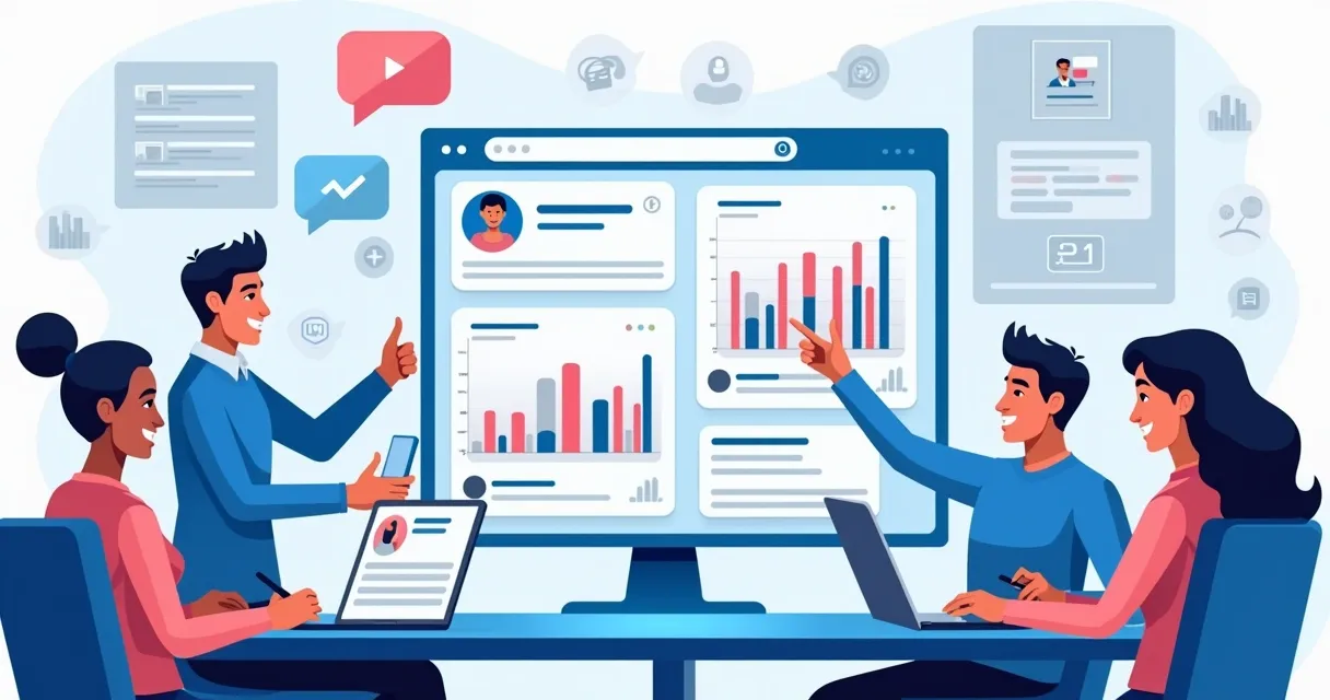 Ilustração de pessoas engajando com posts de uma empresa no LinkedIn 