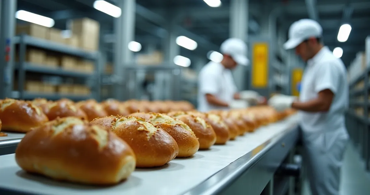 Esteira de fábrica de alimentos com produtos embalados