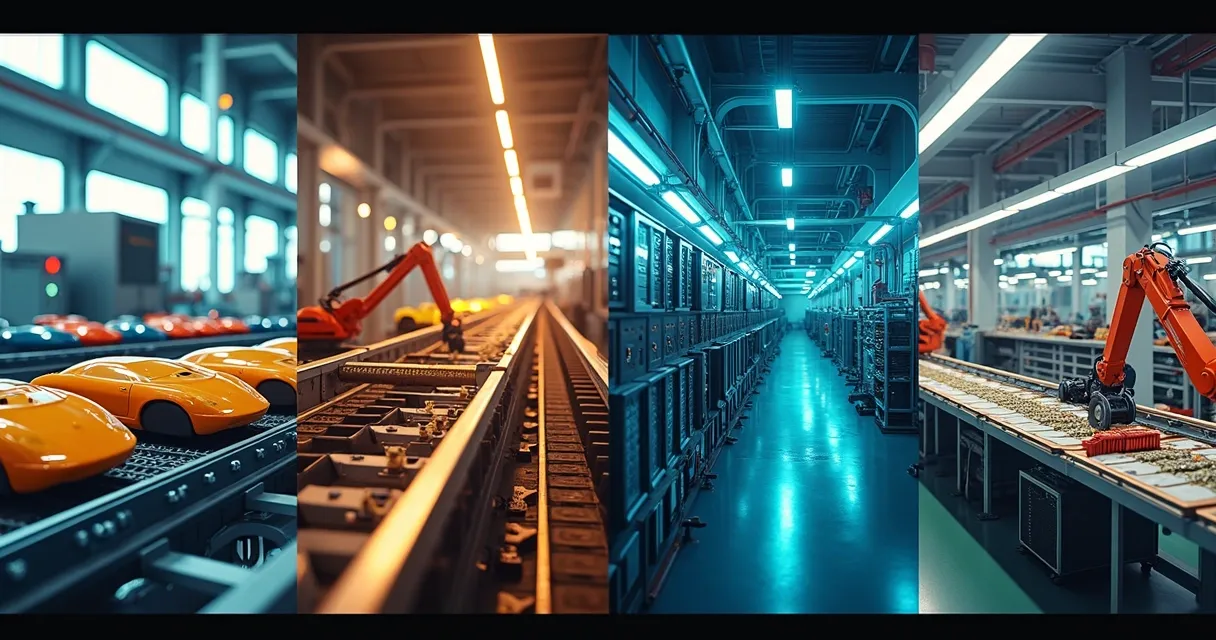 Vista de diferentes setores industriais lado a lado: alimentos, automóveis, tecnologia e mineração