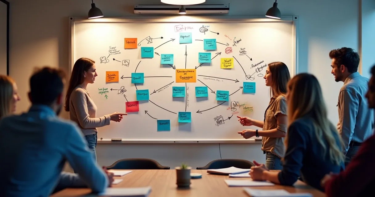 Fluxo de métodos de vendas desenhado em quadro branco com setas e post-its
