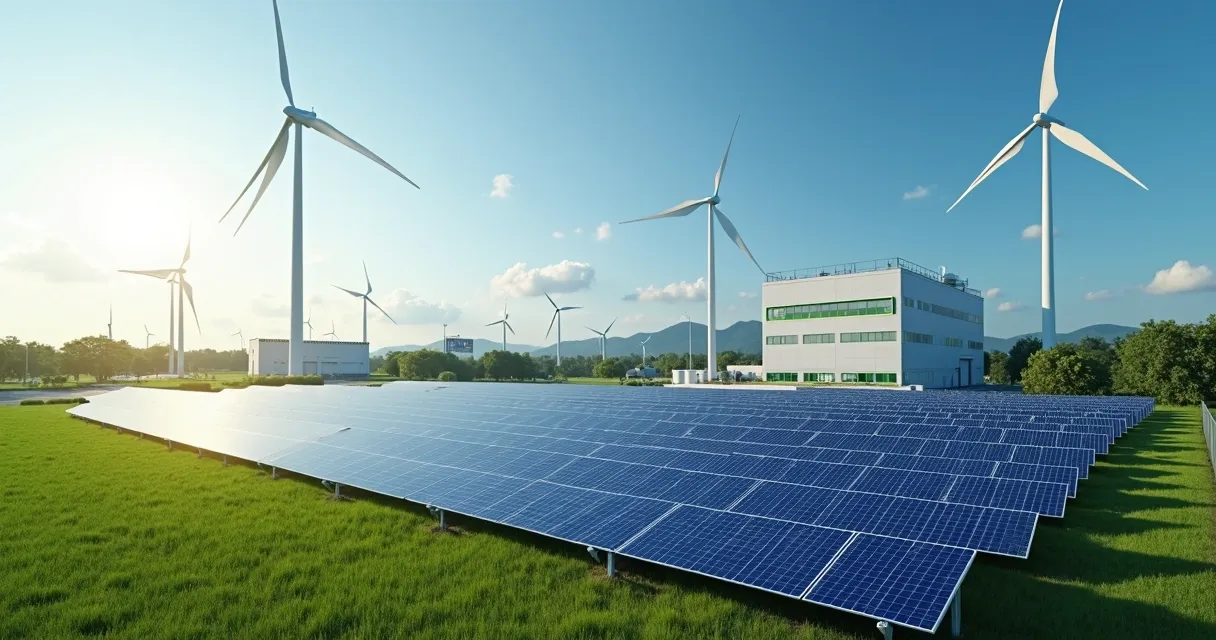 Parque industrial com painéis solares e turbinas eólicas ao fundo