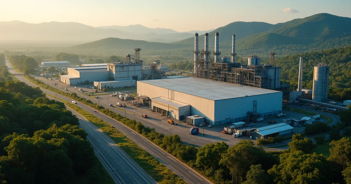 Vista aérea de parque industrial com fábricas e silos no sudeste