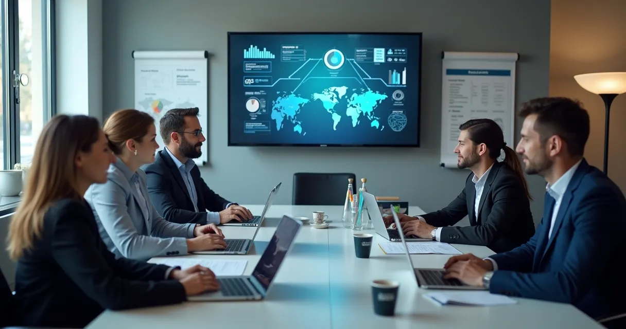 Equipe de vendas em reunião com dados comerciais no notebook 
