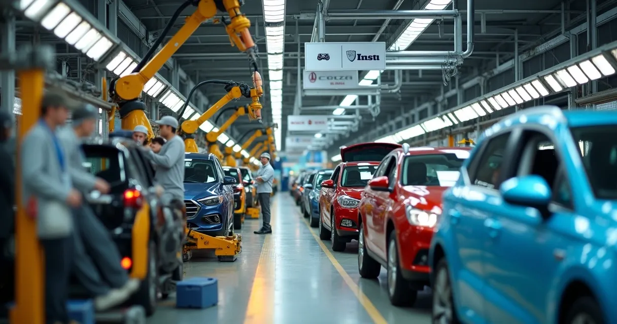 Linha de montagem automotiva com carros coloridos