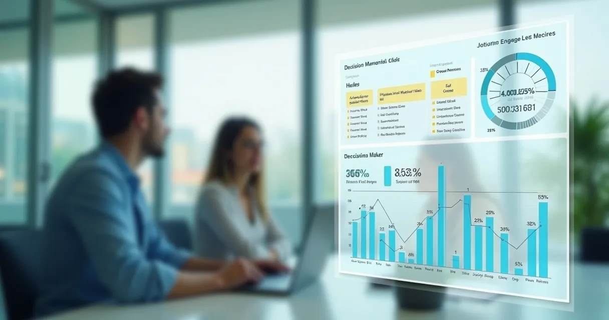Dashboard digital mostrando dados de vendas, nomes de decisores e gráficos de engajamento 