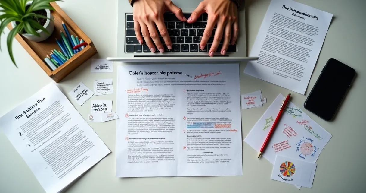 Pessoa digitando mensagem personalizada em laptop rodeado de folhas com ideias rabiscadas 