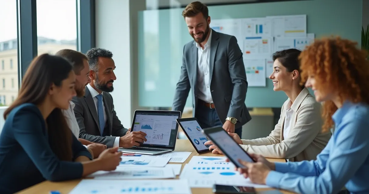 Equipe B2B reunida, analisando resultados de prospecção em gráficos na mesa
