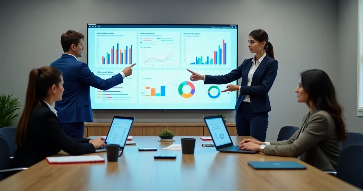 Equipe de vendas analisando dados e gráficos em uma grande mesa de reuniões 