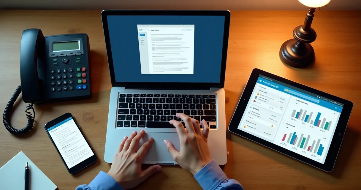 Mesa com notebook, smartphone, telefone fixo e tablet, representando múltiplos canais de contato 