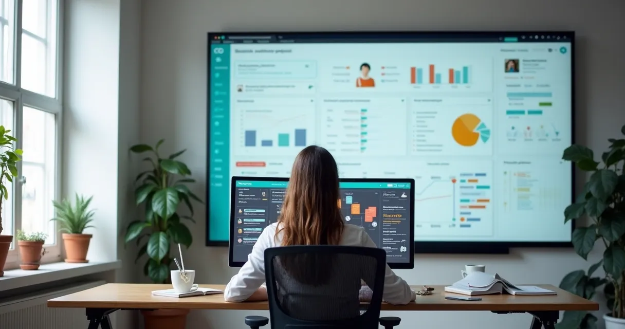 Pessoa filtrando empresas em tela de computador com gráficos coloridos