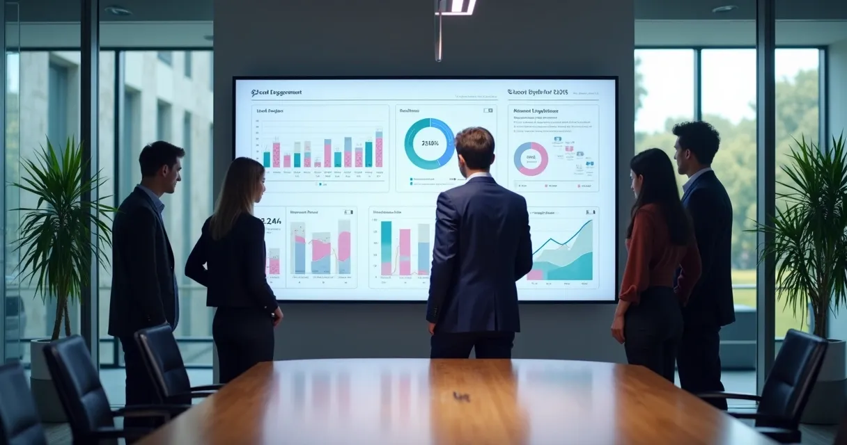 Equipe analisa painéis de dados de vendas B2B 