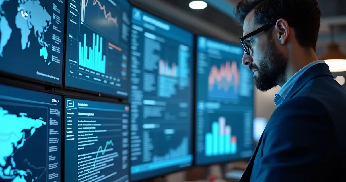 Painel digital com gráficos e dados de vendas sendo analisados