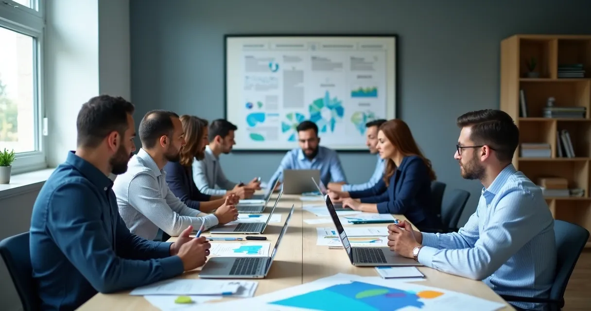 Equipe diversa reunida ao redor de mesa, analisando gráficos de desempenho e discutindo indicadores de resultados 